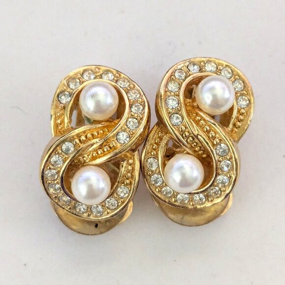 Vintage CHRISTIAN DIOR Gold Tone Faux Pearl Rhinestone Clip On Earrings - Picture 1 of 7